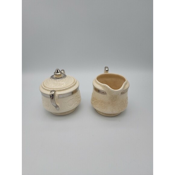 ADAM ANTIQUE by STEUBENVILLE Sugar Bowl w Lid & Creamer Cream with Silver TrIm - Picture 4 of 12